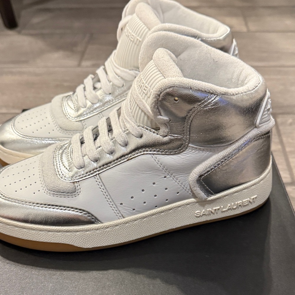 Saint Laurent White and Silver Women's Sneakers - Picture 3 of 5